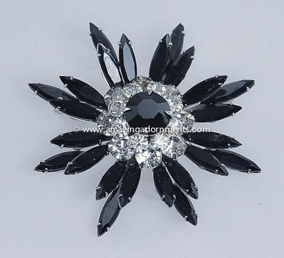 Knockout Vintage Black and Clear Rhinestone Flower Brooch Signed JUDY LEE