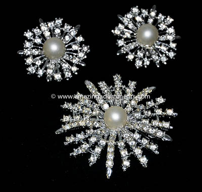 Frosty Vintage Clear Rhinestone and Faux Pearl Snowflake Set Signed JUDY LEE