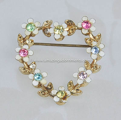 Romantic Vintage Rhinestone and Enamel Floral Heart Pin