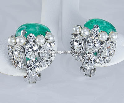 Exquisite Vintage Rhinestone and Faux Pearl Earrings with Green Stone