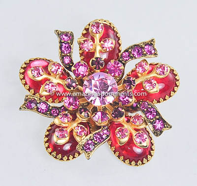 Lush Vintage Shades of Pink Rhinestone Brooch Signed SELINI~ BOOK PIECE