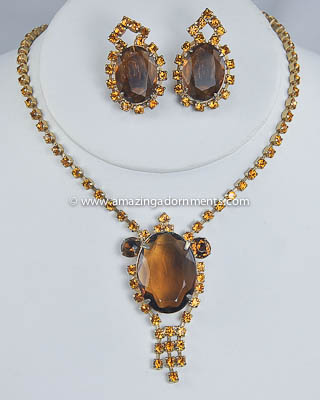 Beauteous Vintage Amber Rhinestone Necklace and Earring Demi- parure