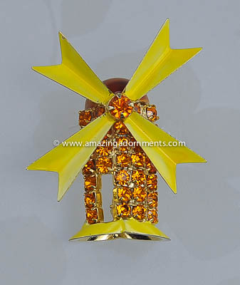 Vintage Unsigned Yellow Enamel and Amber Rhinestone Windmill Figural Pin