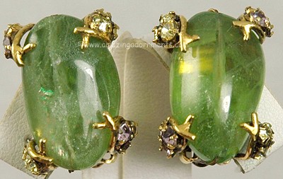 Impeccable Green Gem Stone Earrings with Rhinestones Signed IRADJ MOINI