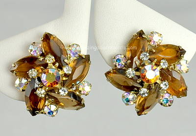 Hypnotic Vintage Amber and Aurora Borealis Rhinestone Earrings