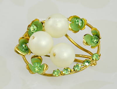 Gorgeous Vintage Faux Pearl, Rhinestone and Enamel Brooch Signed MADE IN AUSTRIA