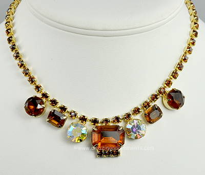 Vintage DELIZZA and ELSTER Amber and Pastel Aurora Borealis Rhinestone Necklace