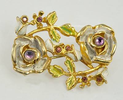 Picturesque Vintage Enamel and Rhinestone Double Rose Brooch
