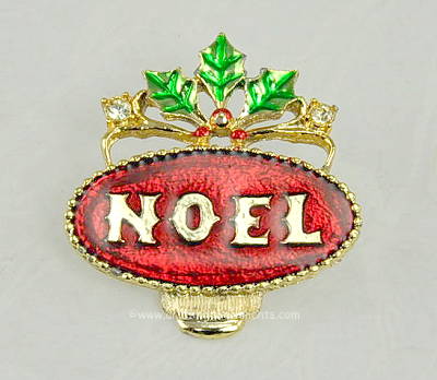 Unsigned Noel Christmas Pin with Enamel and Rhinestones