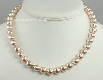 Choker Length Pink Faux Pearl and Rhinestone Rondell Necklace
