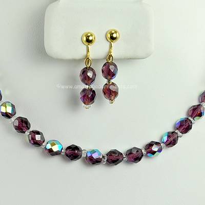 Spectacular Deep Amethyst Aurora Borealis Crystal Necklace and Earring Set