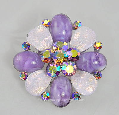 Inspired Purple Glass, Rhinestone and Enamel Floral Brooch