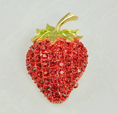Plump and Juicy Red Swarovski Crystal and Enamel Strawberry Fruit Brooch