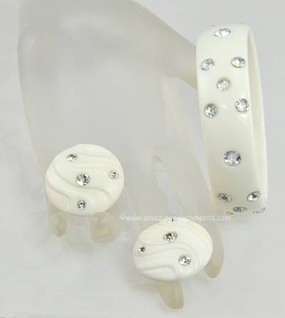 Groovy White Plastic Bangle Bracelet and Button Earrings with Rhinestones