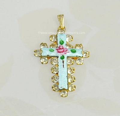 Beautiful Miniature Guilloche Enamel Cross Pendant with Rhinestones