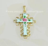 Beautiful Miniature Guilloche Enamel Cross Pendant with Rhinestones