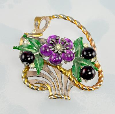 Magnificent 1930s Enamel and Glass Rhinestone Flower Basket Pin ~ BOOK PIECE