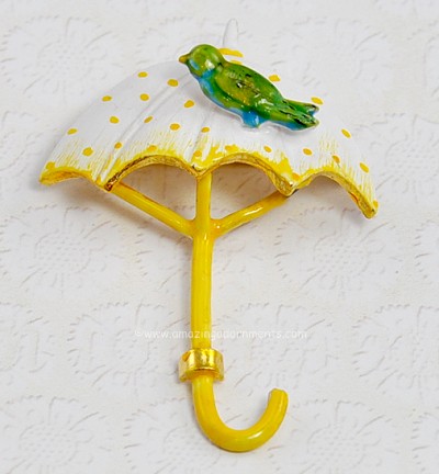 Vintage Signed ORIGINAL by ROBERT Enamel Umbrella Pin with Bird ~ BOOK PIECE
