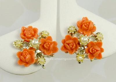 Fantastic Vintage Molded Roses and Faux Pearl Earrings