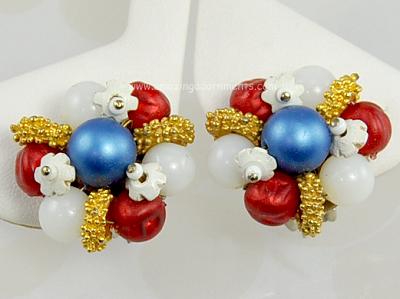 Vintage Unsigned Patriotic Red, White and Blue Wired Bead Cluster Earrings
