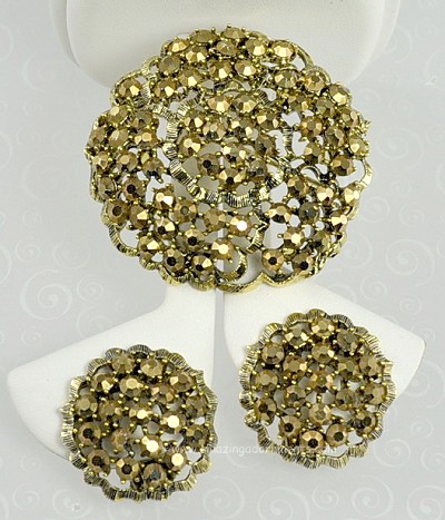 Indispensable Metallic Bronze Rhinestone Brooch and Earrings Set Signed WEISS