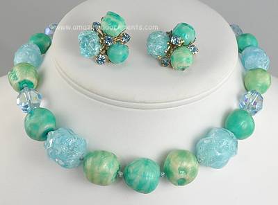 Chunky Vintage Blue and Green Glass Necklace and Earring Set Signed VOGUE