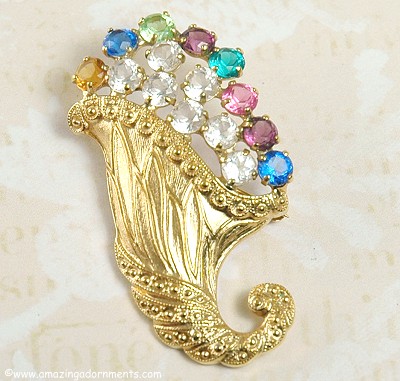 Distinctive Multi- Colored Rhinestone Cornucopia Pin Signed B.DAVID