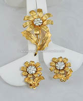 Beautiful Vintage Brushed Gold- tone and Rhinestone Flower Set Signed JOMAZ