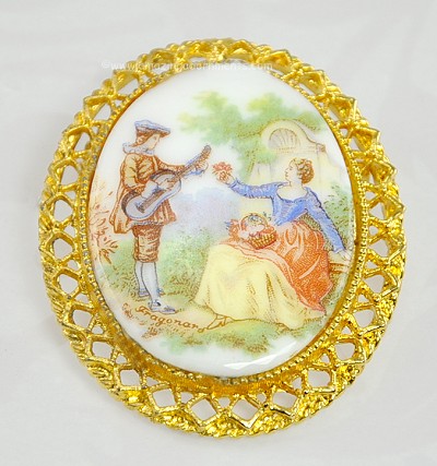 Romantic FRAGONARD Painted Dreamy Lovers Scene on Porcelain Brooch