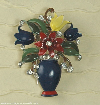 Vibrant CROWN TRIFARI Enamel and Rhinestone Flower Pot Clip