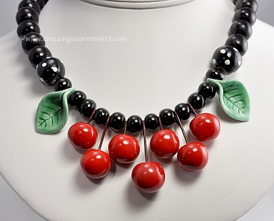 Luscious Dangling Ceramic Cherries Necklace Signed FLYING COLORS