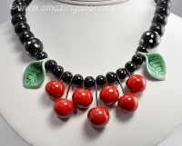 Luscious Dangling Ceramic Cherries Necklace Signed FLYING COLORS