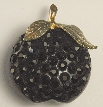 Yummy FORBIDDEN FRUIT Black Cherry Lucite and Rhinestone Pin