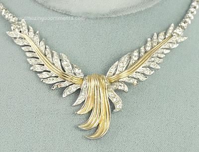 Smashing Not Often Seen Feathery Vintage Rhinestone Necklace Signed HALBE
