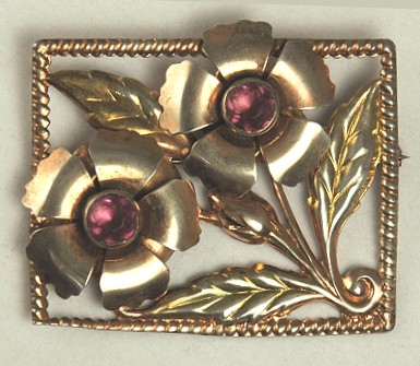 Rare Sterling Vermeil and Amethyst Glass Framed Floral Brooch Signed WALTER LAMPL
