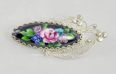 Lovely Antique Painted Flowers on Porcelain Brooch with Filigree