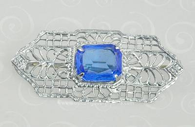 Delicate Old Filigree Bar Pin with Blue Glass Stone