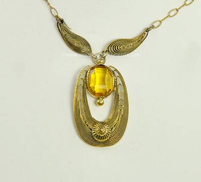 Delicate Edwardian Filigree Lavaliere Necklace with Imitation Topaz Stone