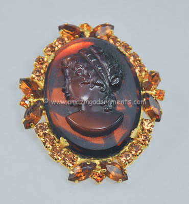 Vintage DELIZZA and ELSTER Amber Glass and Rhinestone Brooch/Pendant Combo
