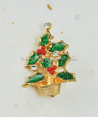 Sparkly Enamel and Rhinestone Potted Christmas Tree Pin Signed AVON