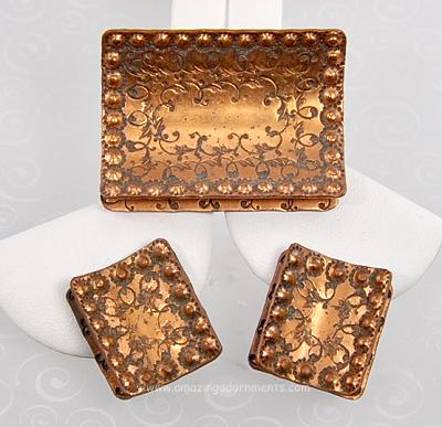 Vintage Hand Wrought Modernist Copper Brooch and Earring Set Signed GRET BARKIN