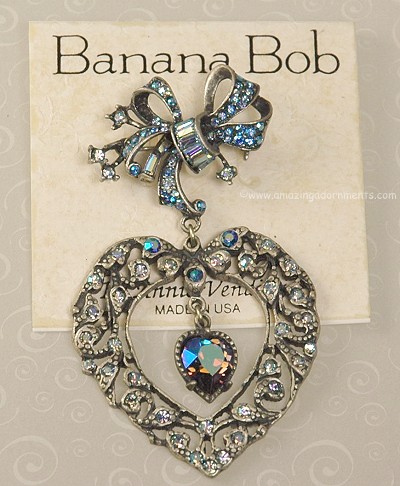 ANNIE VENDITTI BANANA BOB Blue Rhinestone Heart with Dangle Brooch