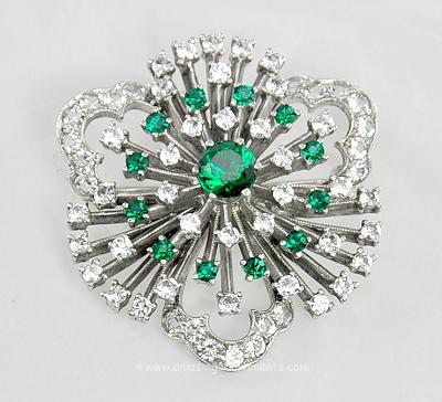 Uncommon Vintage Sterling Emerald and Clear Rhinestone Brooch Signed DUJAY