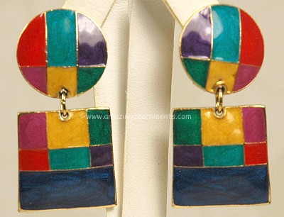 Mod Cloisonne Enamel Color Block Earrings Signed EDGAR BEREBI