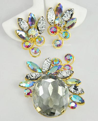 Exotic Vintage Art Glass and Rhinestone Brooch and Earring Set