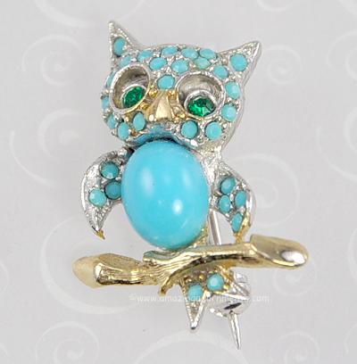 Miniature Vintage Owl Figural Pin with Turquoise and Green Stones Signed PELL