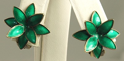 Green Guilloche Sterling Flower Earrings Signed  HANS MYHRE, NORWAY