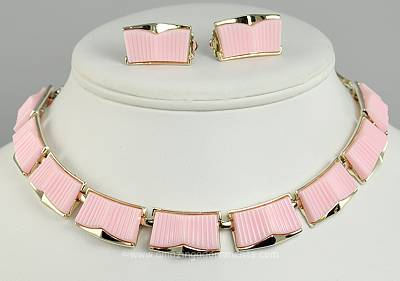 Fun to Wear Vintage Pink Thermoplastic Necklace and Earring Set Signed PEGASUS CORO