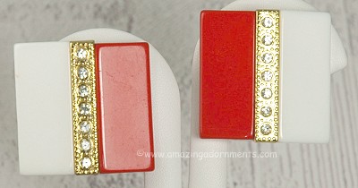 Funky Red and White Plastic Earrings with Rhinestones Signed ITALY