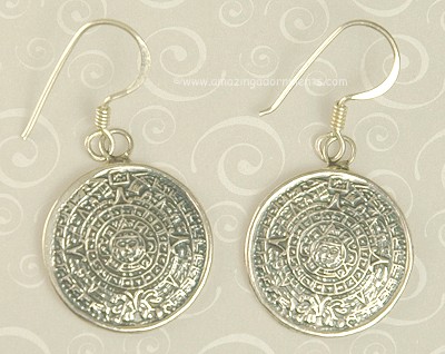 Mexican Sterling Aztec Sun or Calendar Earrings Signed HOB